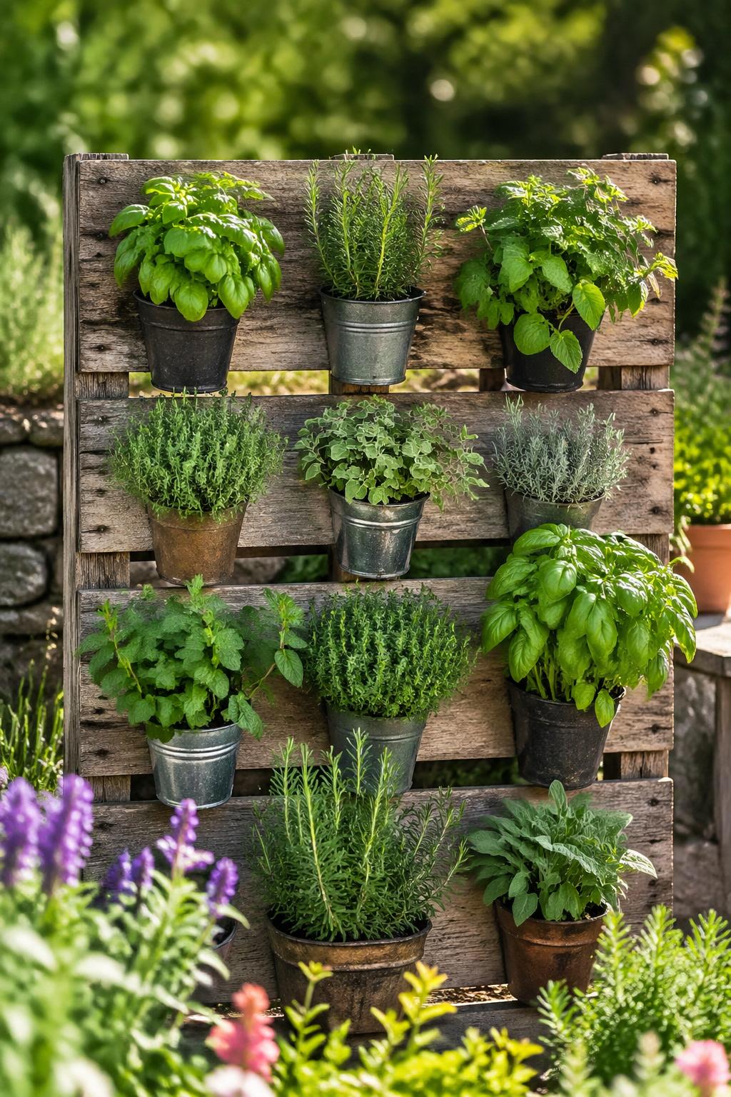 A wooden pallet garden filled with various fresh green herbs arranged outdoors in a sunny garden setting.