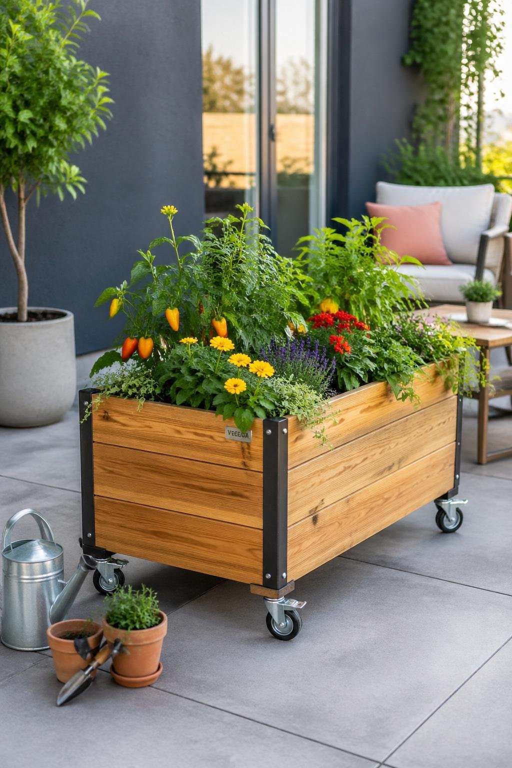 A portable raised garden bed on wheels filled with green plants and flowers on a patio.