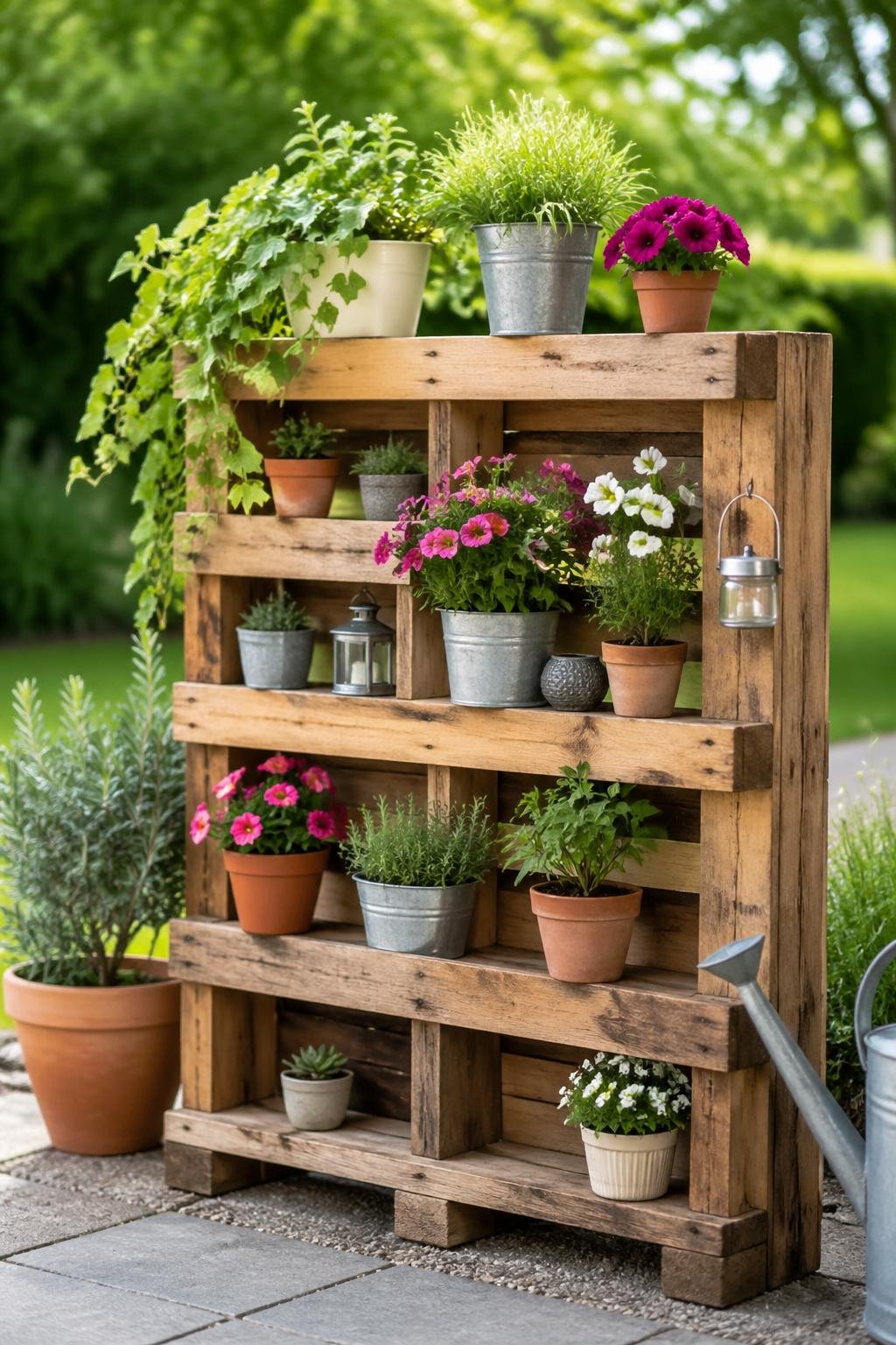 A wooden pallet shelf holding various potted plants in a garden setting.