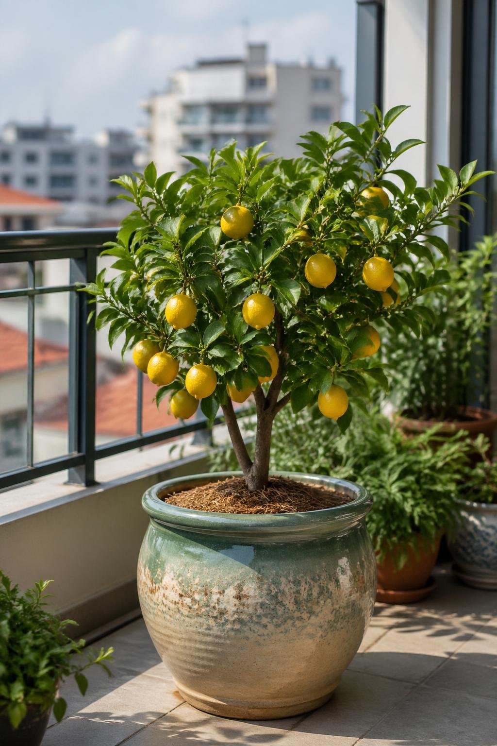 A dwarf citrus tree with small yellow fruits growing in a large pot on a terrace balcony.
