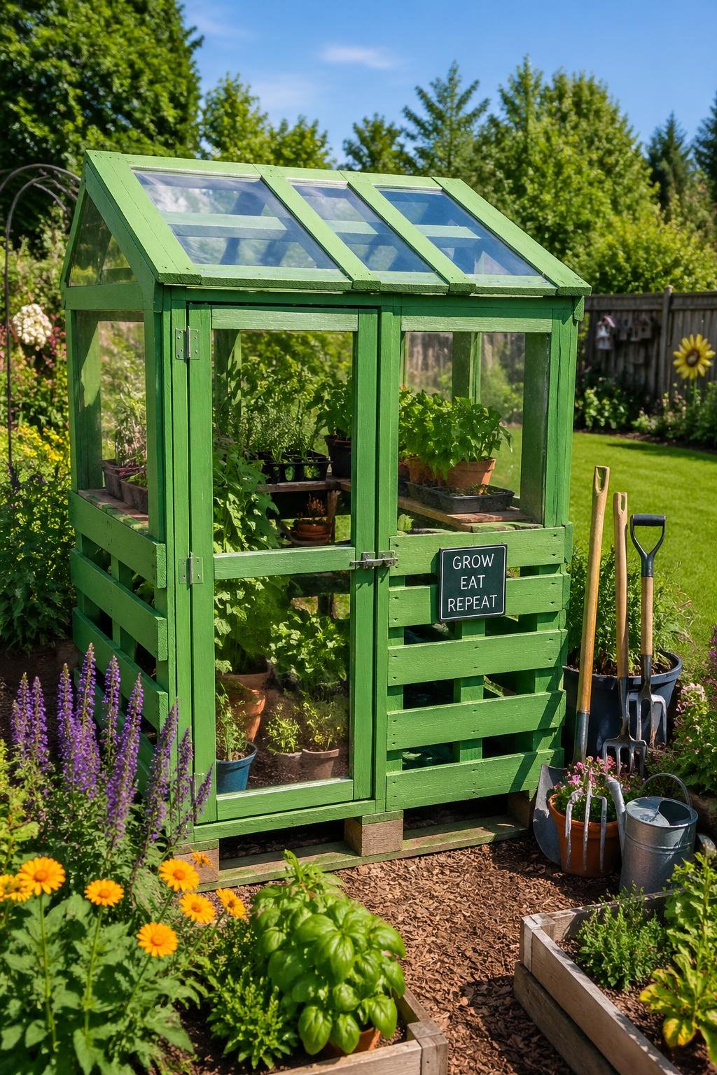 A small green pallet greenhouse in a garden with plants growing inside and colorful flowers around it on a sunny day.