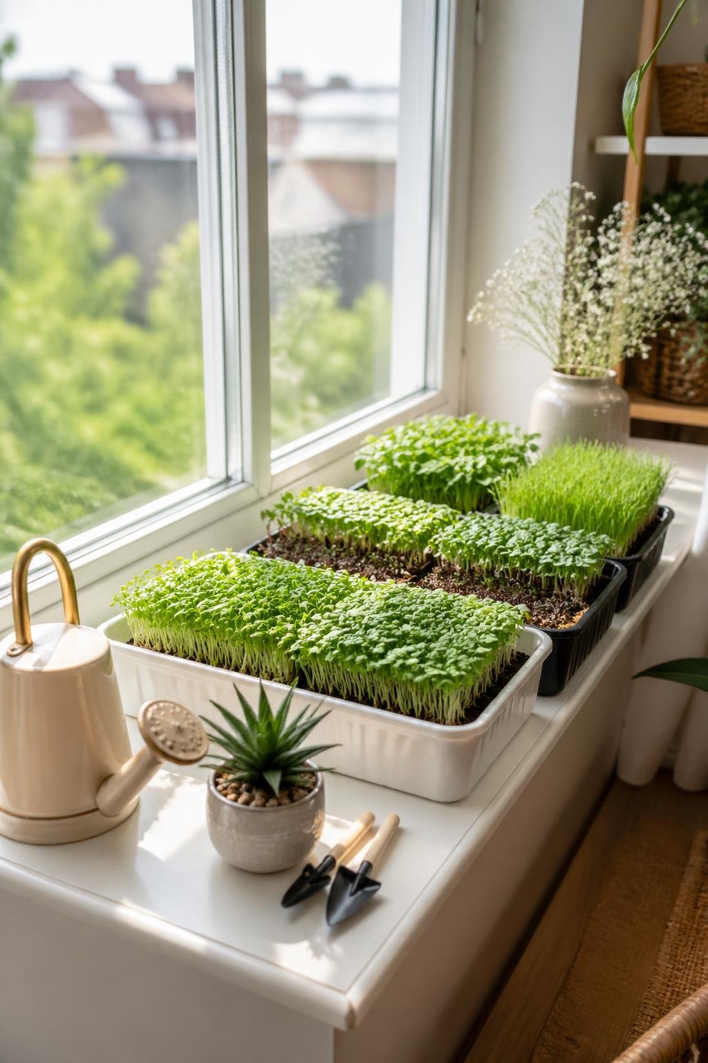 A bright windowsill with trays of green microgreens growing indoors, surrounded by small gardening tools and plants.