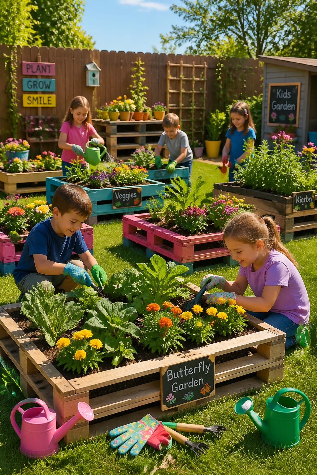 Children gardening in small wooden pallet beds filled with flowers and vegetables in a backyard garden.