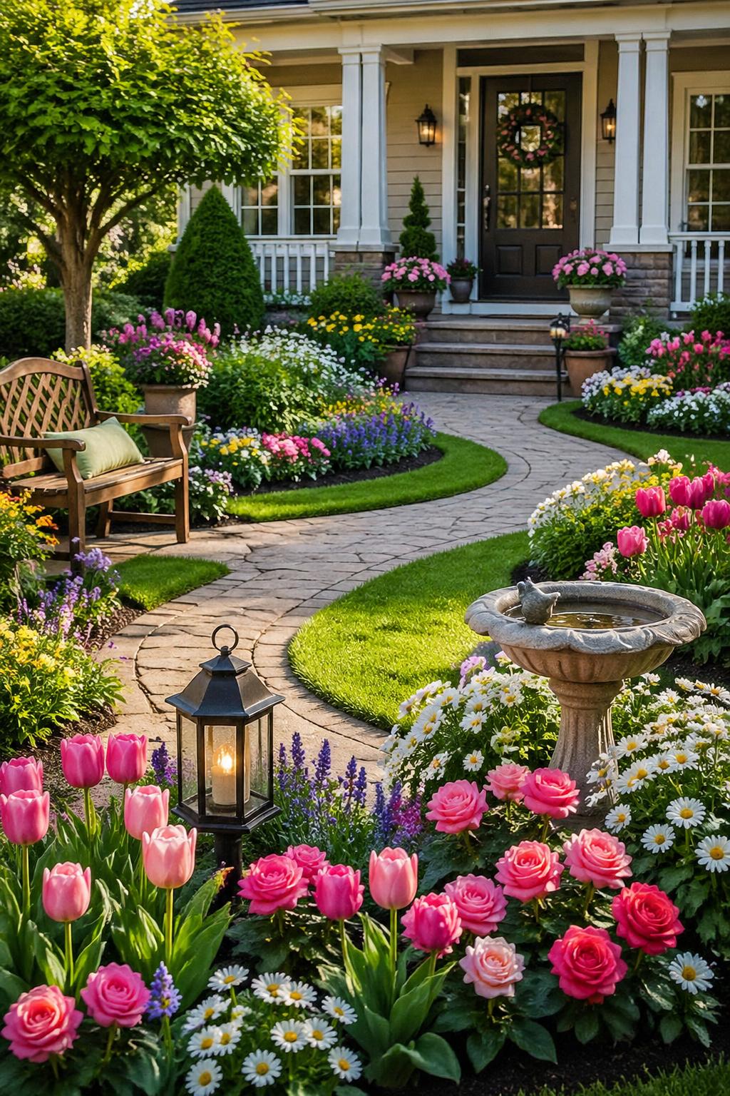 A front yard garden with colorful flowers, green lawn, stone pathways, shrubs, and a house entrance in the background.