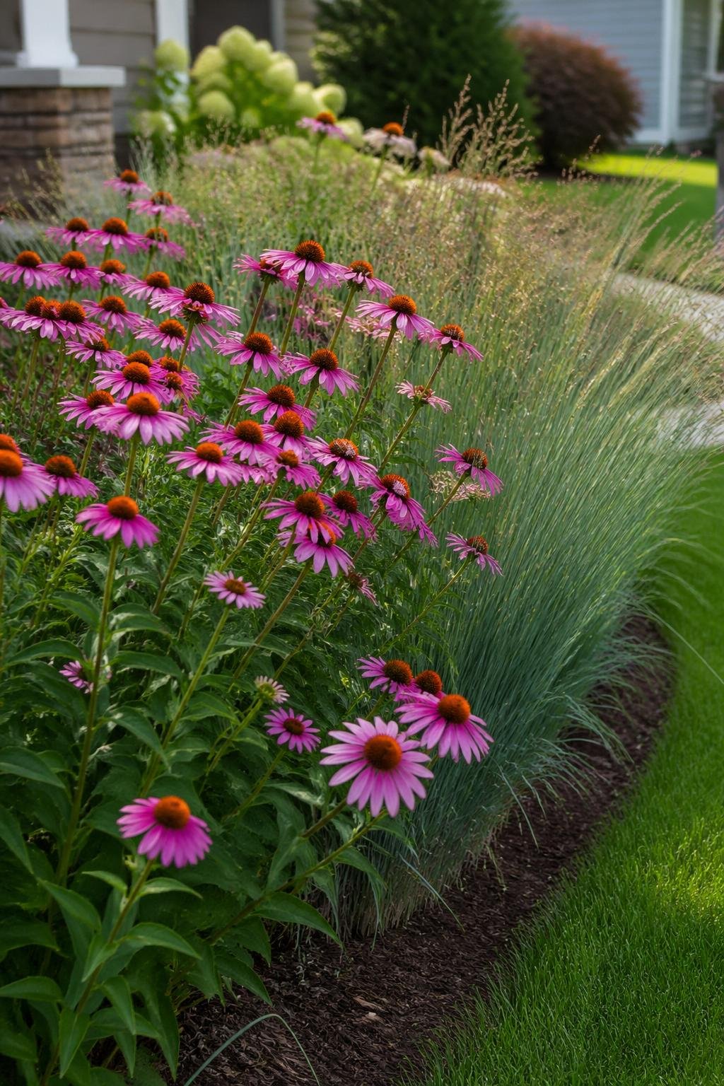 A front yard garden border with blooming purple coneflowers and tall slender little bluestem grass under natural sunlight.