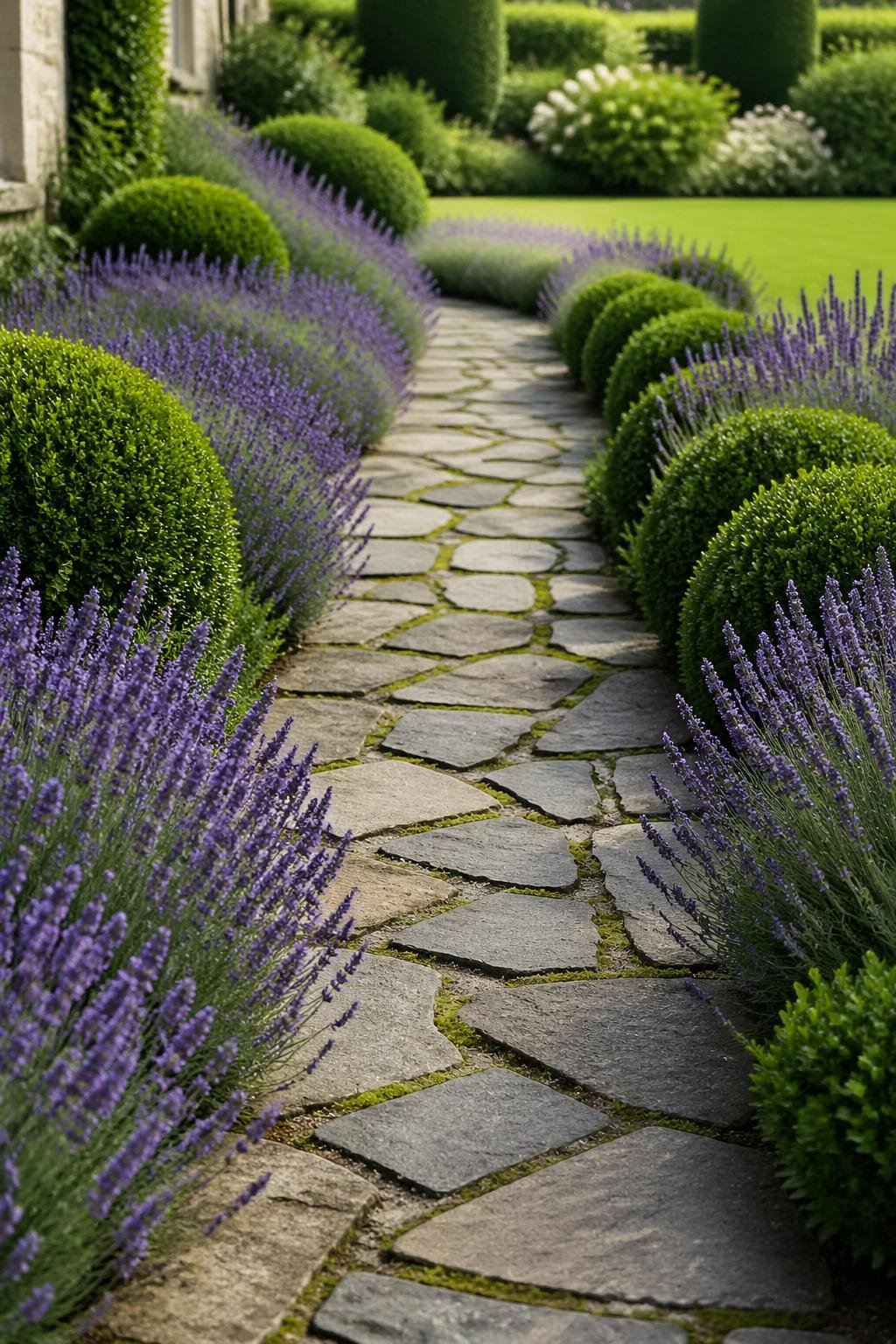 Stone walkway bordered by green boxwood shrubs and blooming purple lavender plants in a front yard garden.