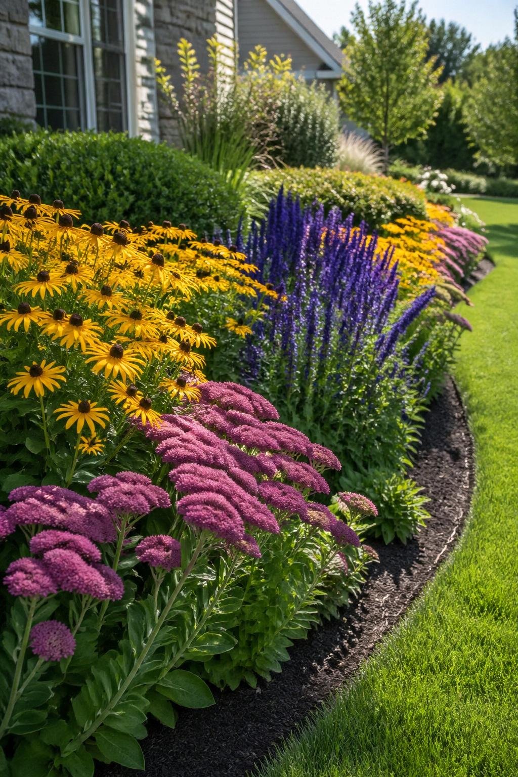 A curved garden bed in a front yard filled with yellow Black-Eyed Susan, pink-purple Sedum, and blue Salvia flowers surrounded by green grass.