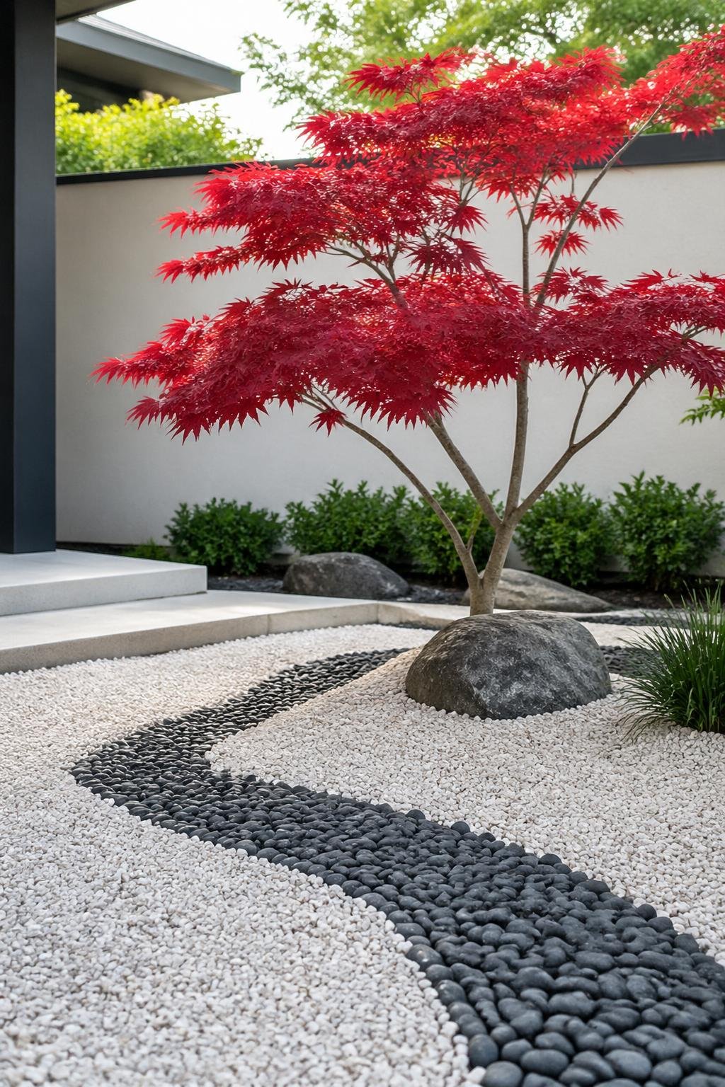 Front yard garden with gravel ground and a Japanese maple tree with red leaves.