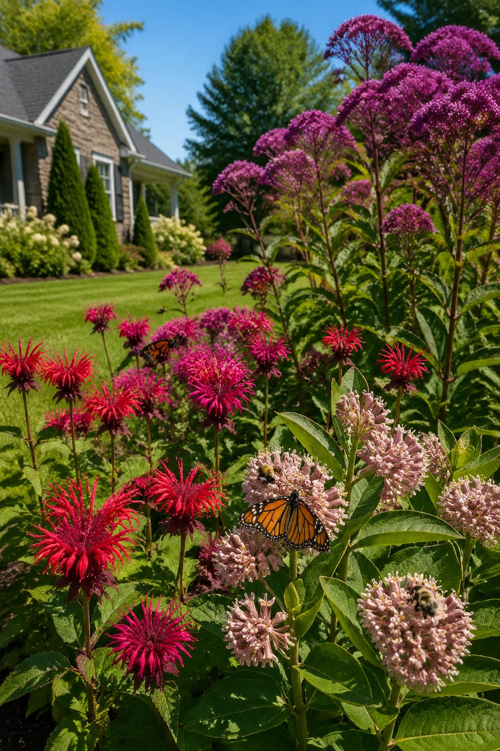 A front yard garden with blooming bee balm, milkweed, and Joe-Pye weed attracting bees and butterflies.