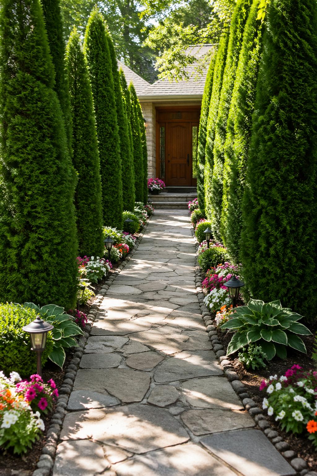 A stone pathway lined with tall green arborvitae trees leading to a wooden front door surrounded by flower beds.