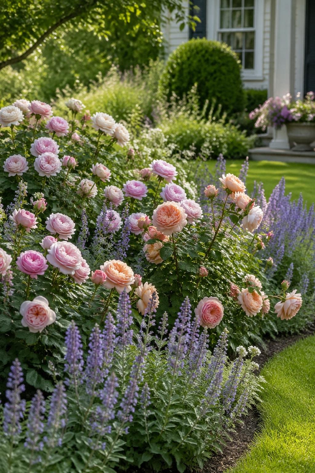 A front yard garden with blooming roses and purple-flowered plants near the house.