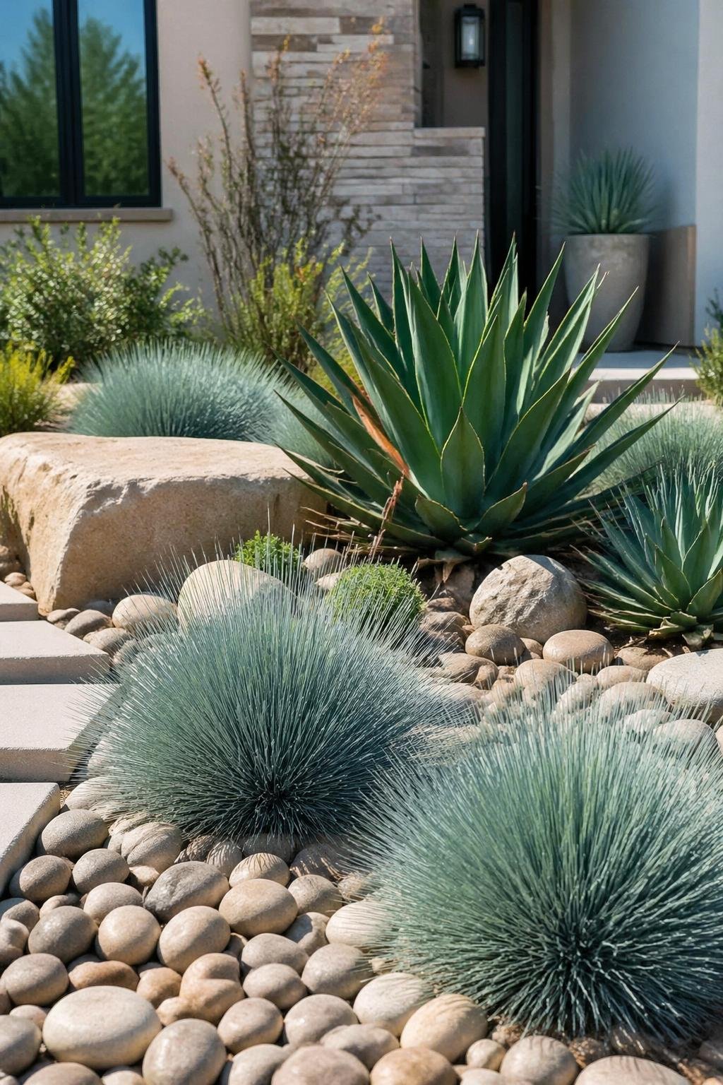 A front yard garden with blue fescue grasses, agave plants, and river rocks arranged in a neat xeriscape design.
