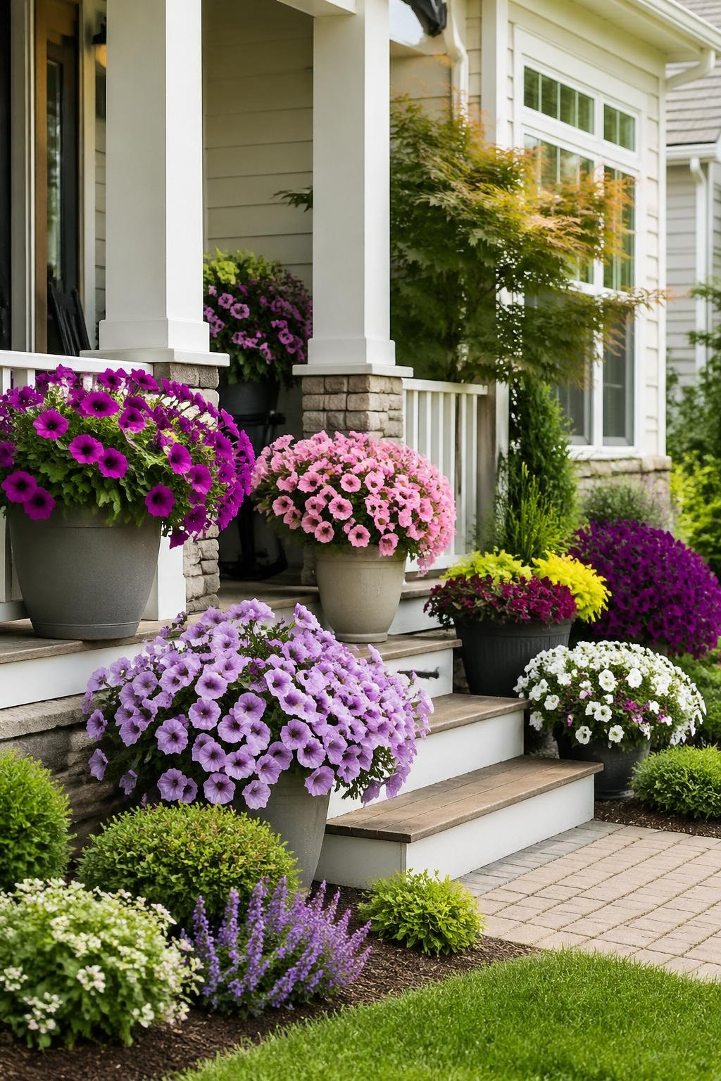 Front porch with colorful container garden of blooming petunias and green plants, leading to a house entrance with a well-kept front yard.
