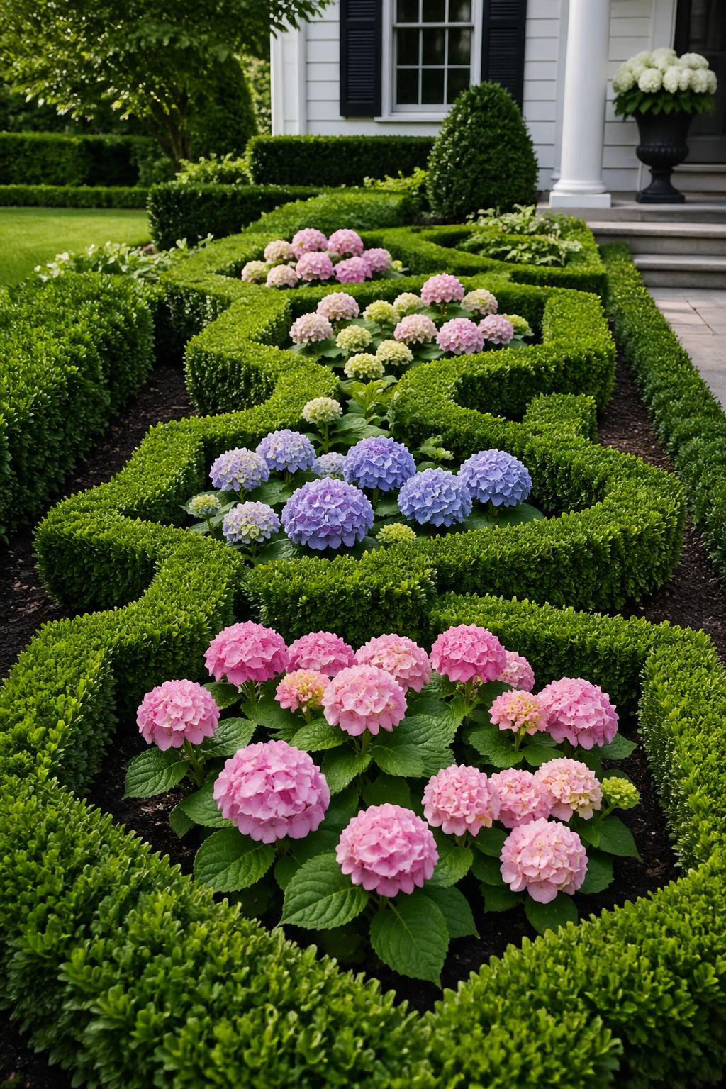 A front yard garden with neatly trimmed boxwood hedges and blooming hydrangea plants arranged in a formal layout.