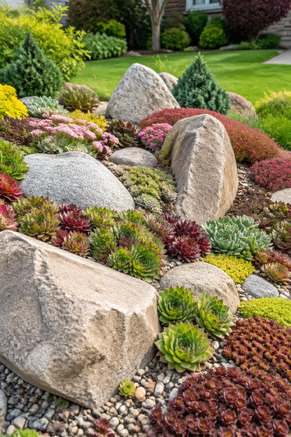 A rock garden with hens-and-chicks succulents, sedum plants, and natural boulders arranged in a front yard.