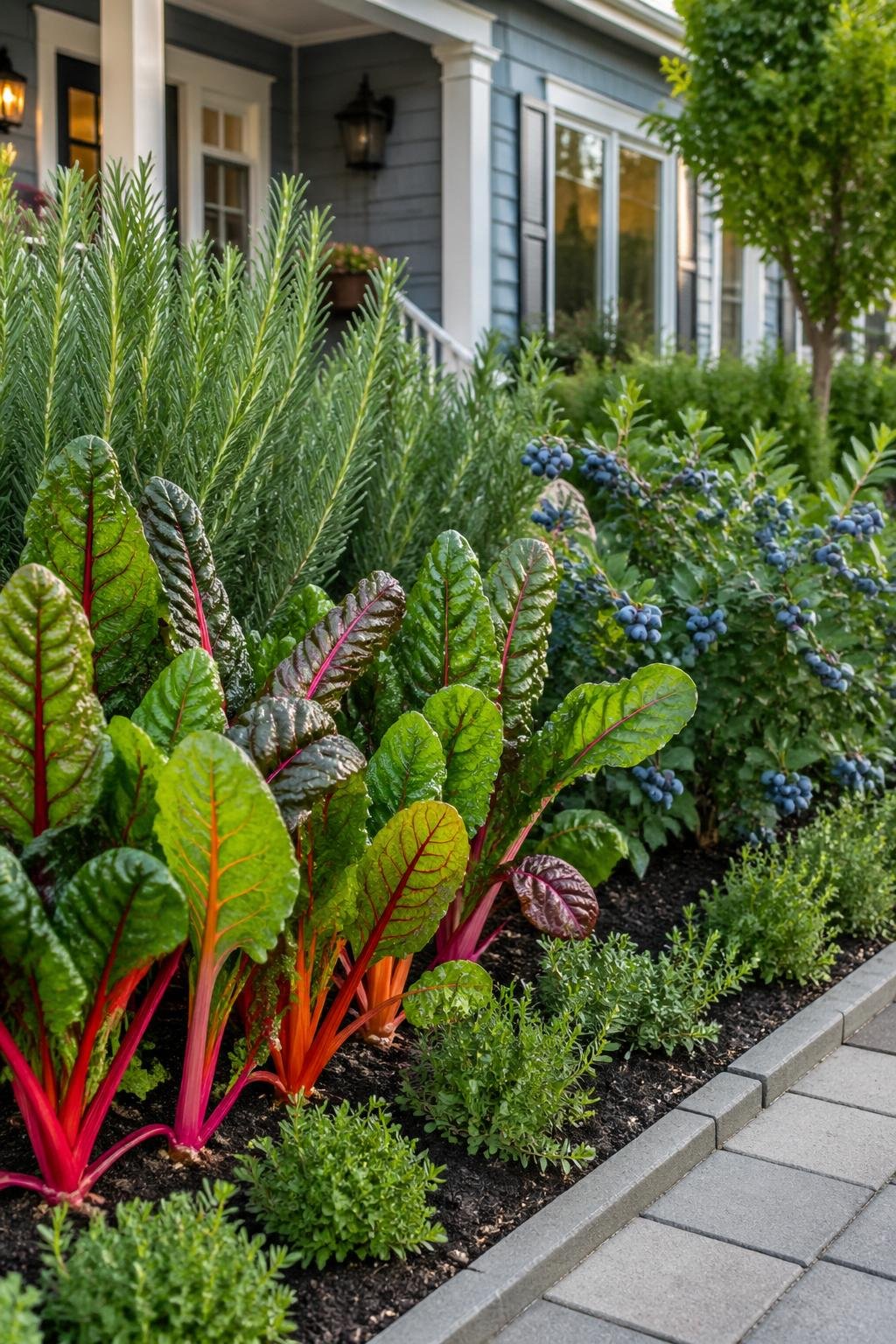 Front yard garden with rainbow chard, rosemary bushes, and blueberry bushes near a house.