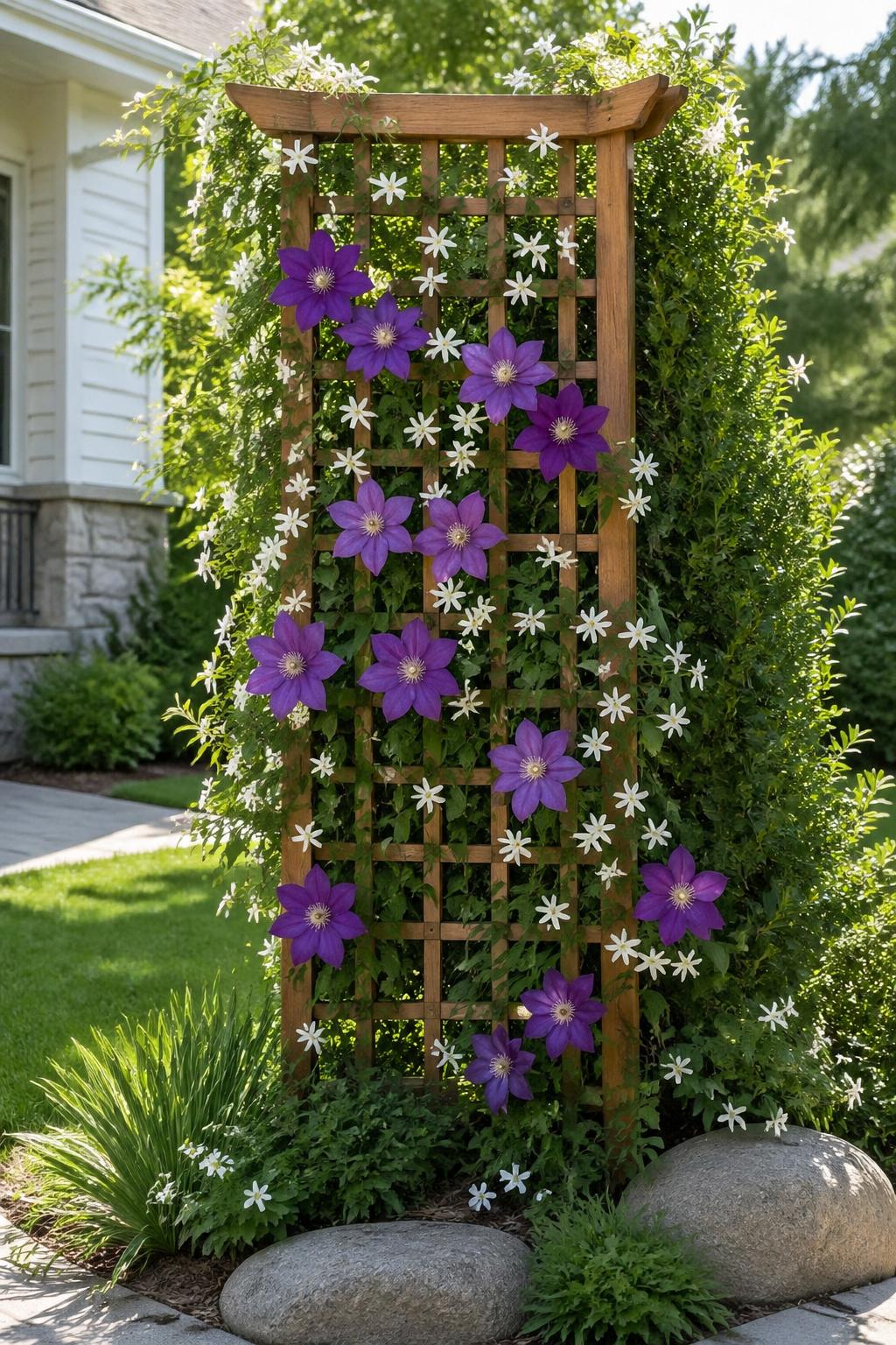 A vertical trellis garden in a front yard with star jasmine and clematis flowers blooming among green leaves.
