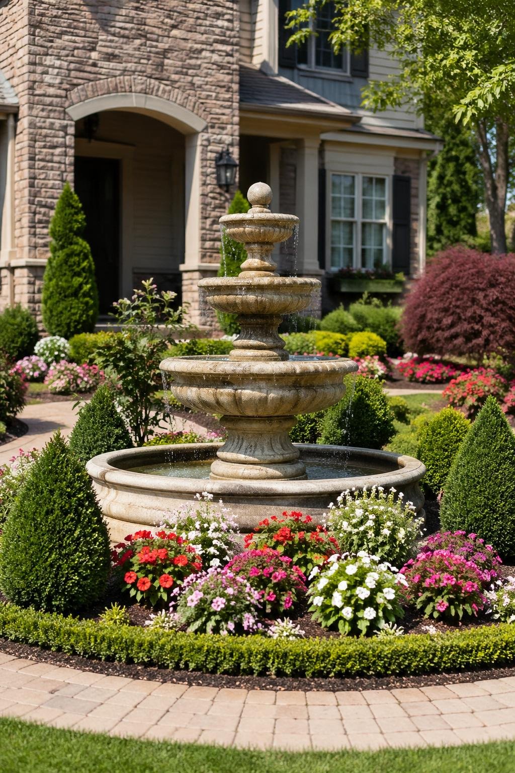 A front yard garden with a tiered stone fountain surrounded by flowers, shrubs, and a manicured lawn.