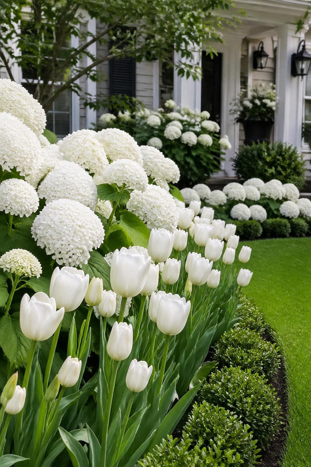 Front yard garden with white Annabelle hydrangea bushes and white tulips in bloom, surrounded by green foliage and a lawn.