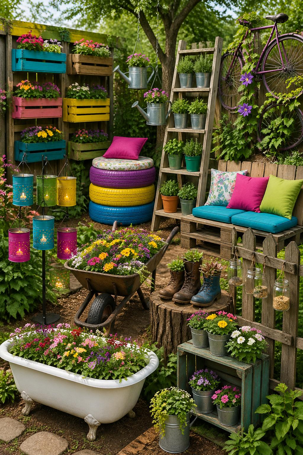 An outdoor garden displaying 15 creative upcycled garden items including planters, seats, and decorations made from repurposed junk surrounded by greenery and flowers.