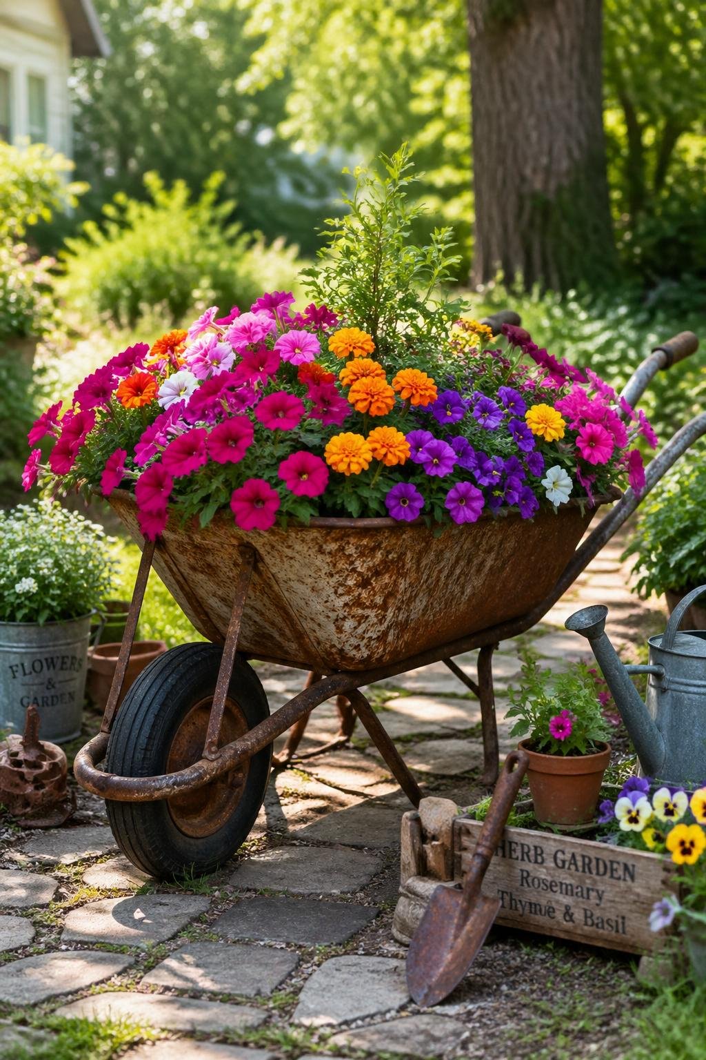 A rusty wheelbarrow filled with colorful flowers set in a garden with green grass and trees in the background.