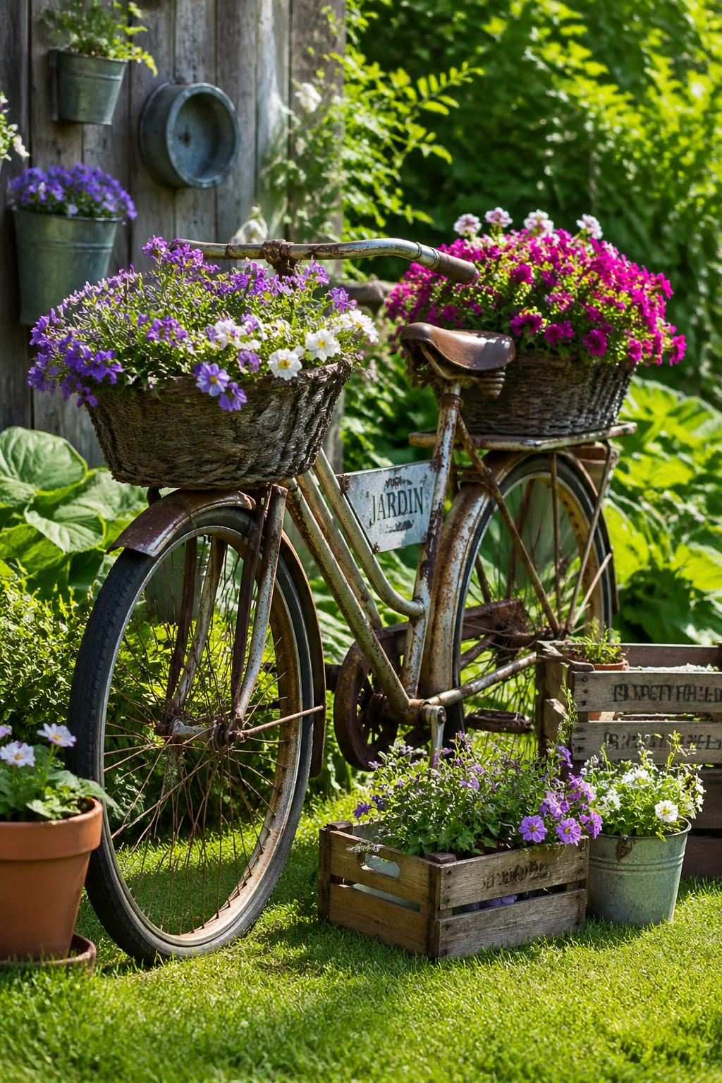 A vintage bicycle in a garden used as a flower display with colorful flowers in baskets and pots around it.