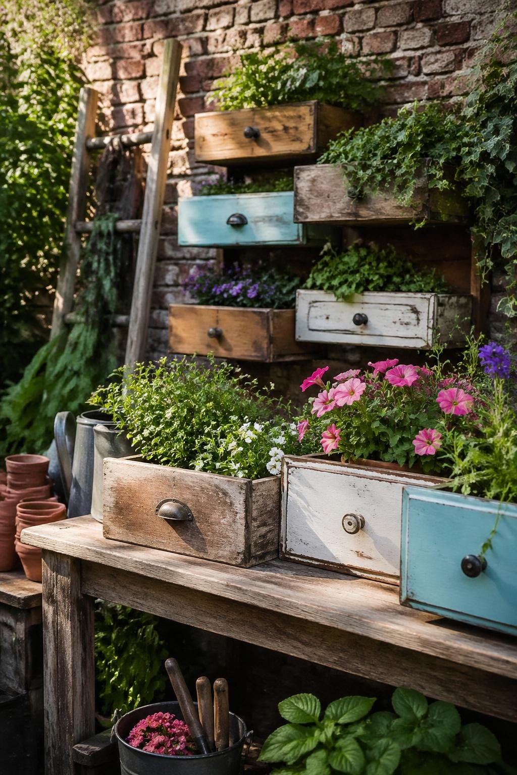 Outdoor garden scene with vintage wooden drawers used as planters filled with green plants and colorful flowers arranged on a rustic table against a brick wall.