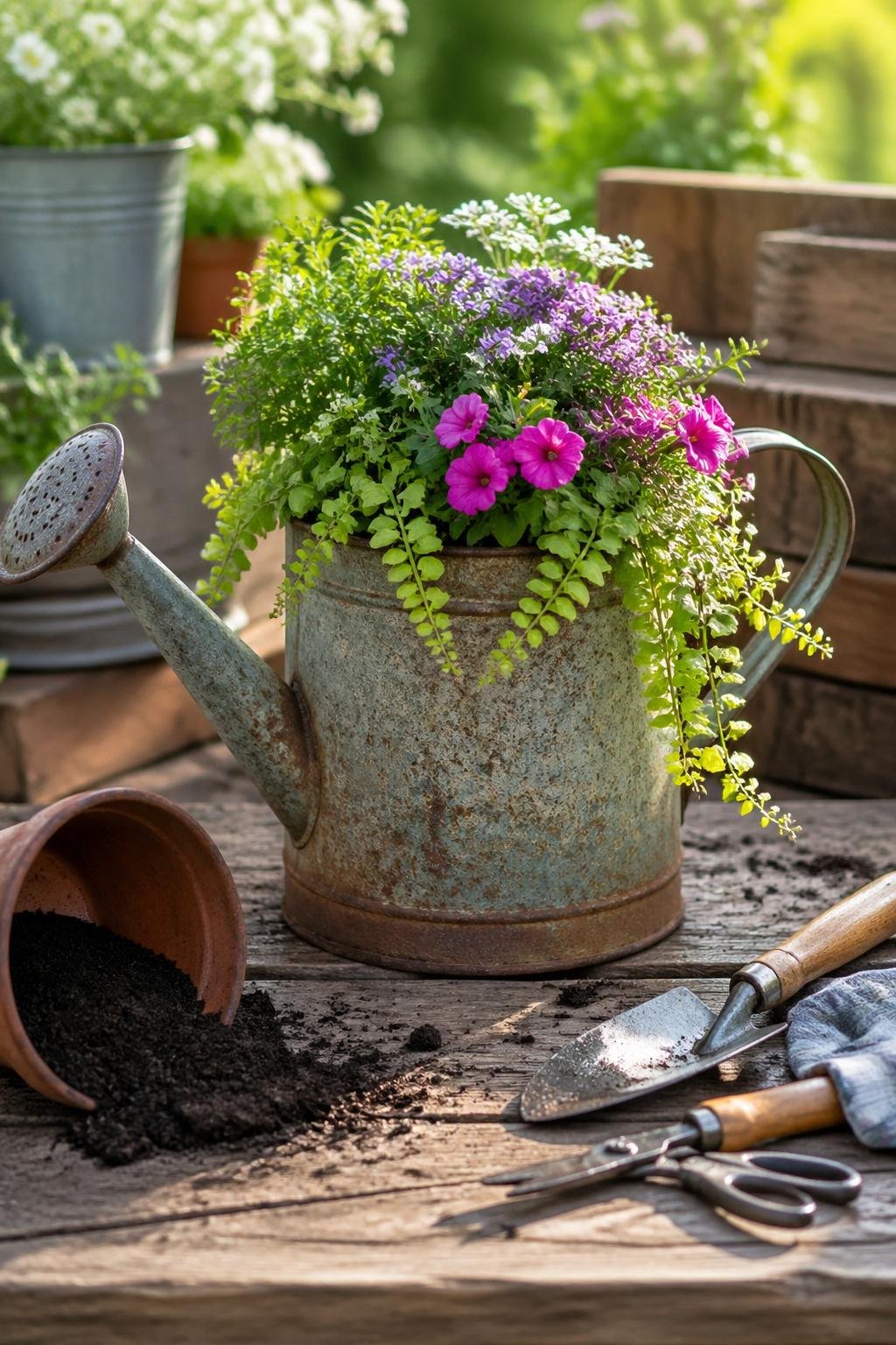 An old metal watering can filled with green plants and colorful flowers, placed outdoors on a wooden surface with garden tools nearby.