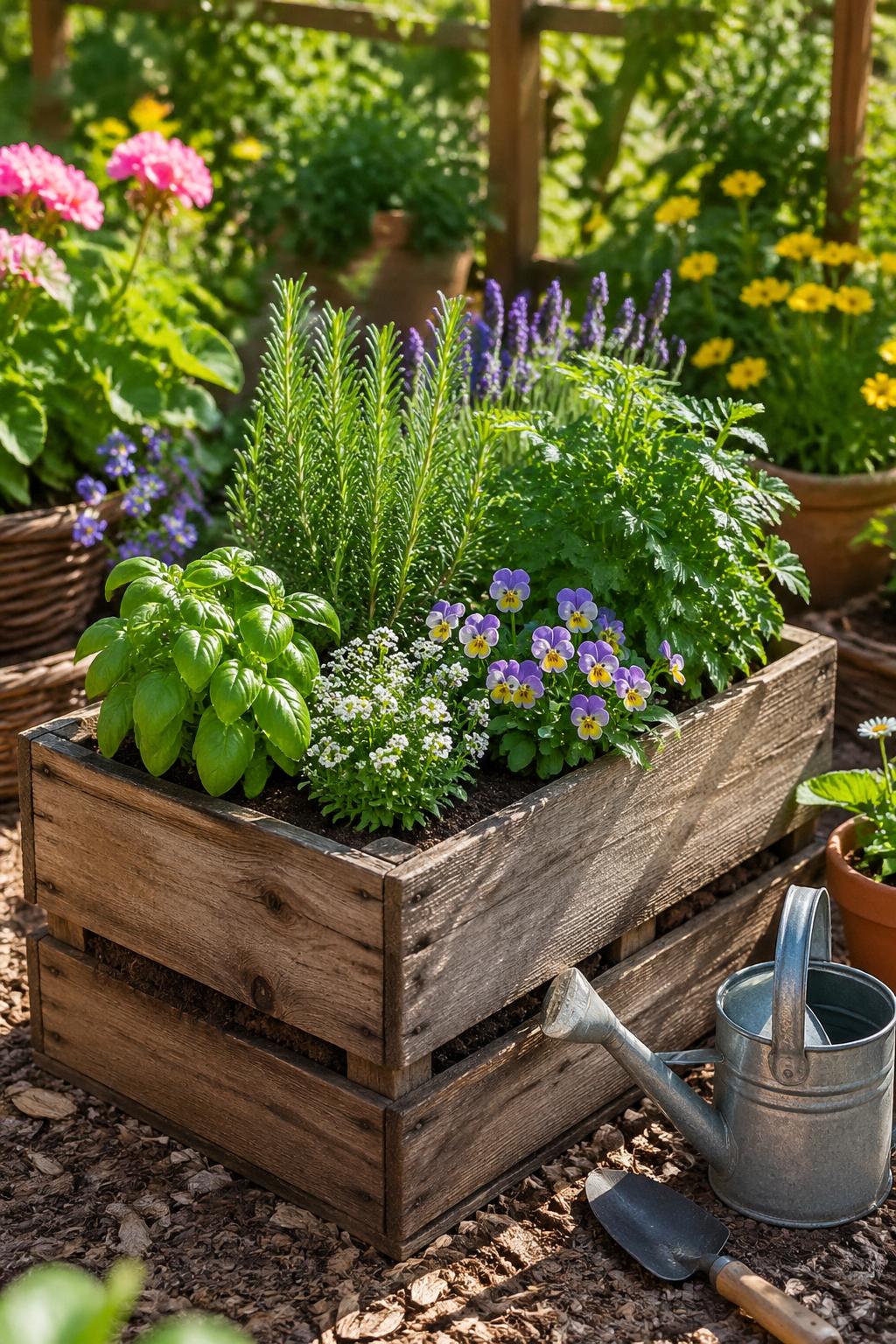 A wooden crate used as a raised planter filled with green plants and flowers in a garden setting.
