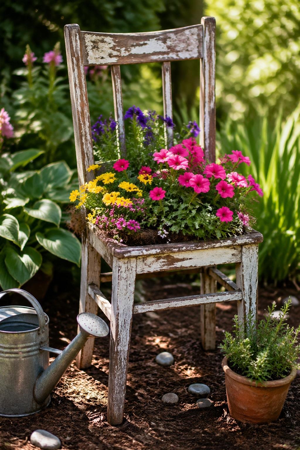 An old wooden chair used as a flower planter filled with colorful flowers in a garden.