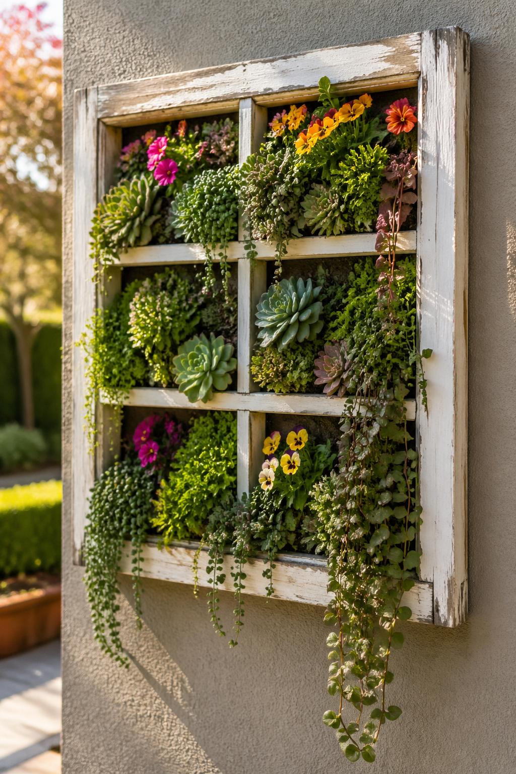 A vertical garden made from a repurposed window frame filled with various green plants and colorful flowers.