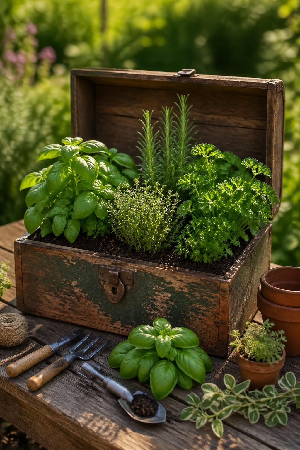 A vintage wooden toolbox filled with various green herb plants sitting on a wooden table outdoors.