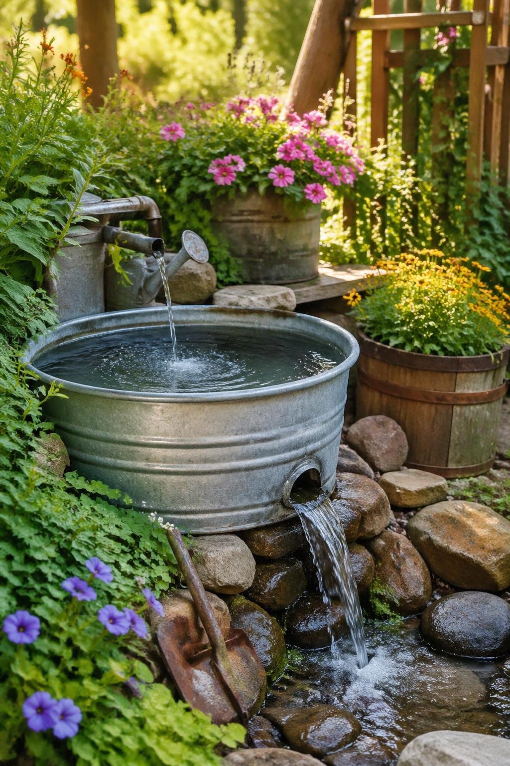 A galvanized metal washtub repurposed as a water feature in a garden surrounded by plants and flowers.