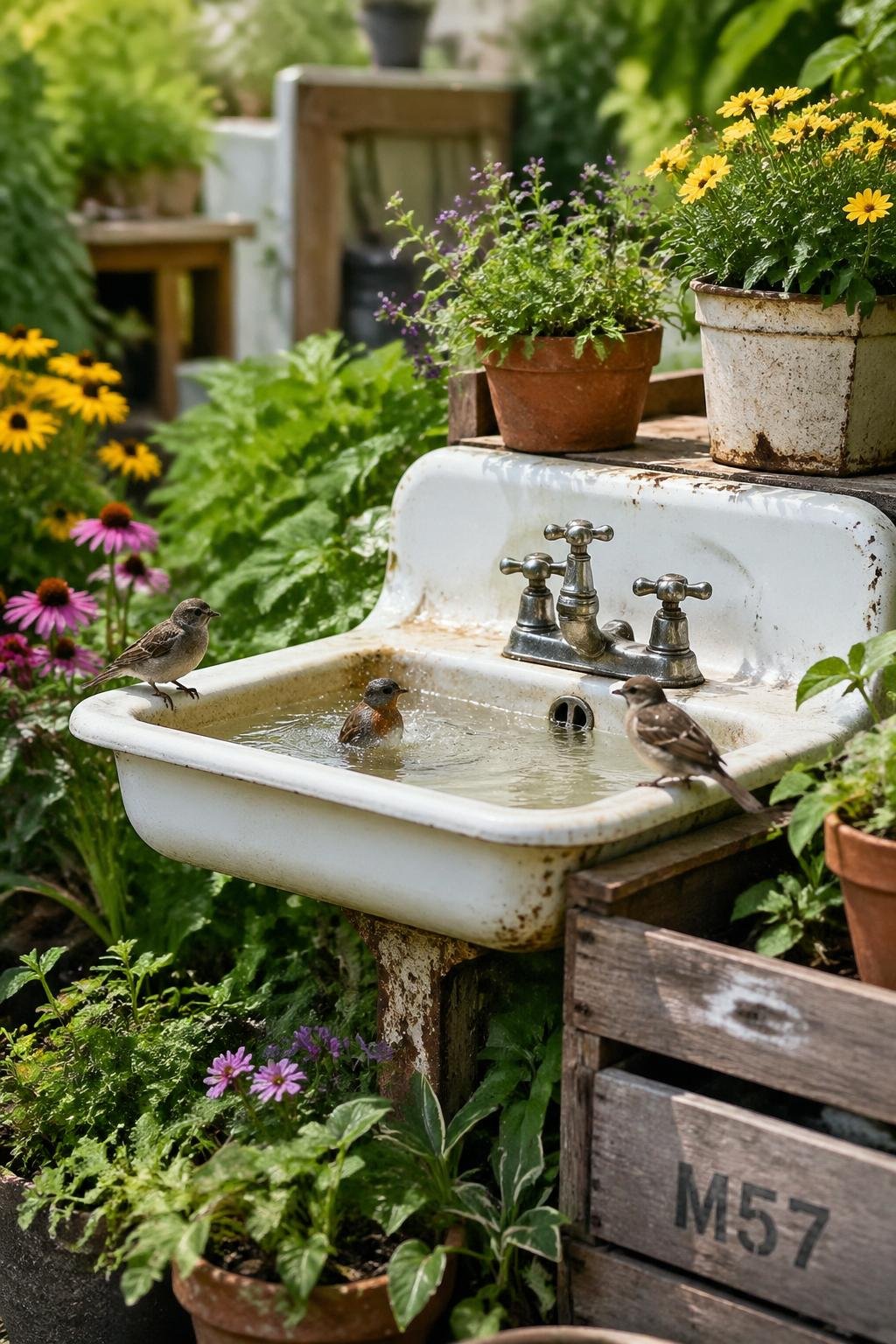 An antique porcelain sink filled with water used as a birdbath surrounded by plants and flowers with birds perched on its edges in a garden.