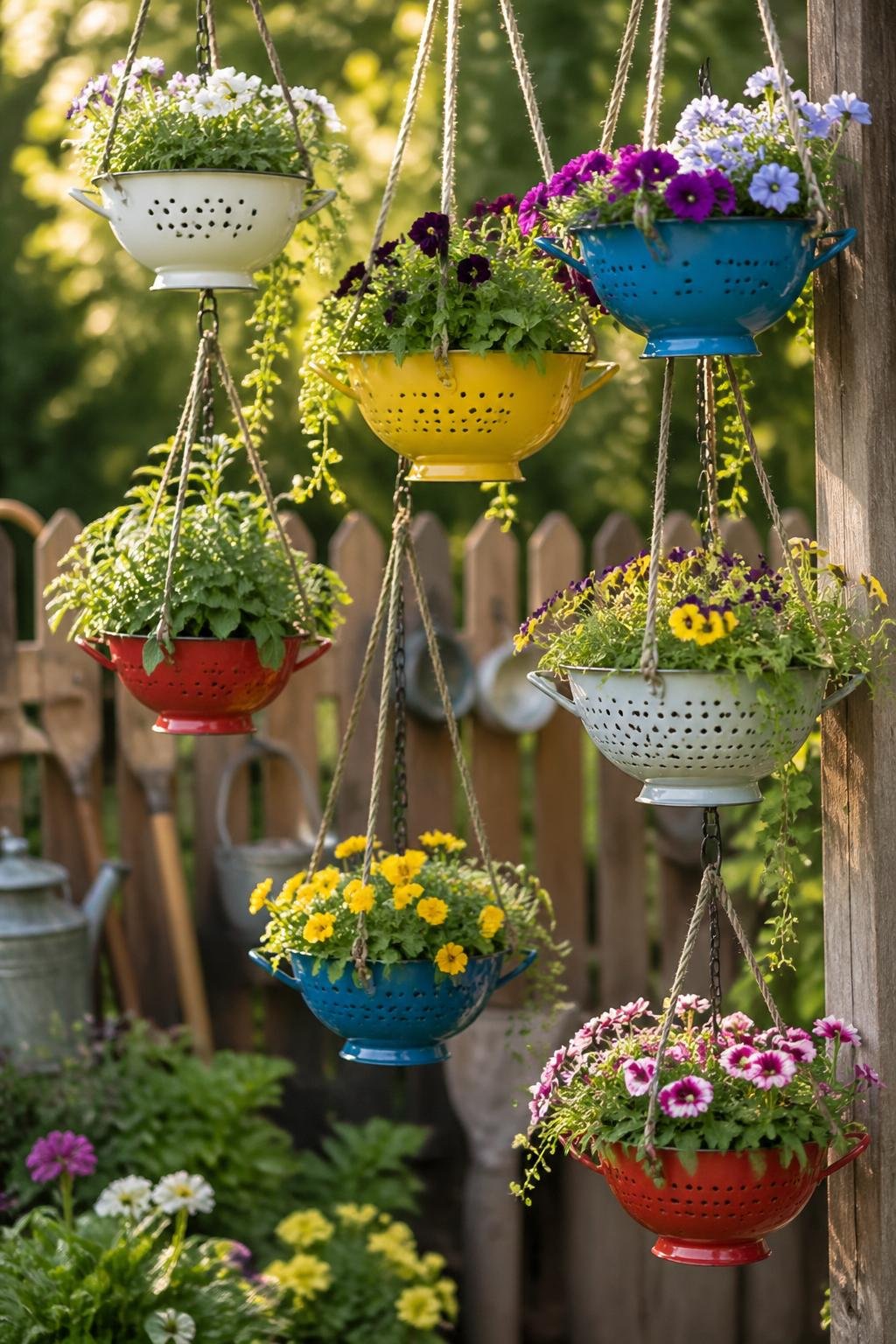 A garden scene with colorful hanging colanders used as planters filled with green plants and flowers.