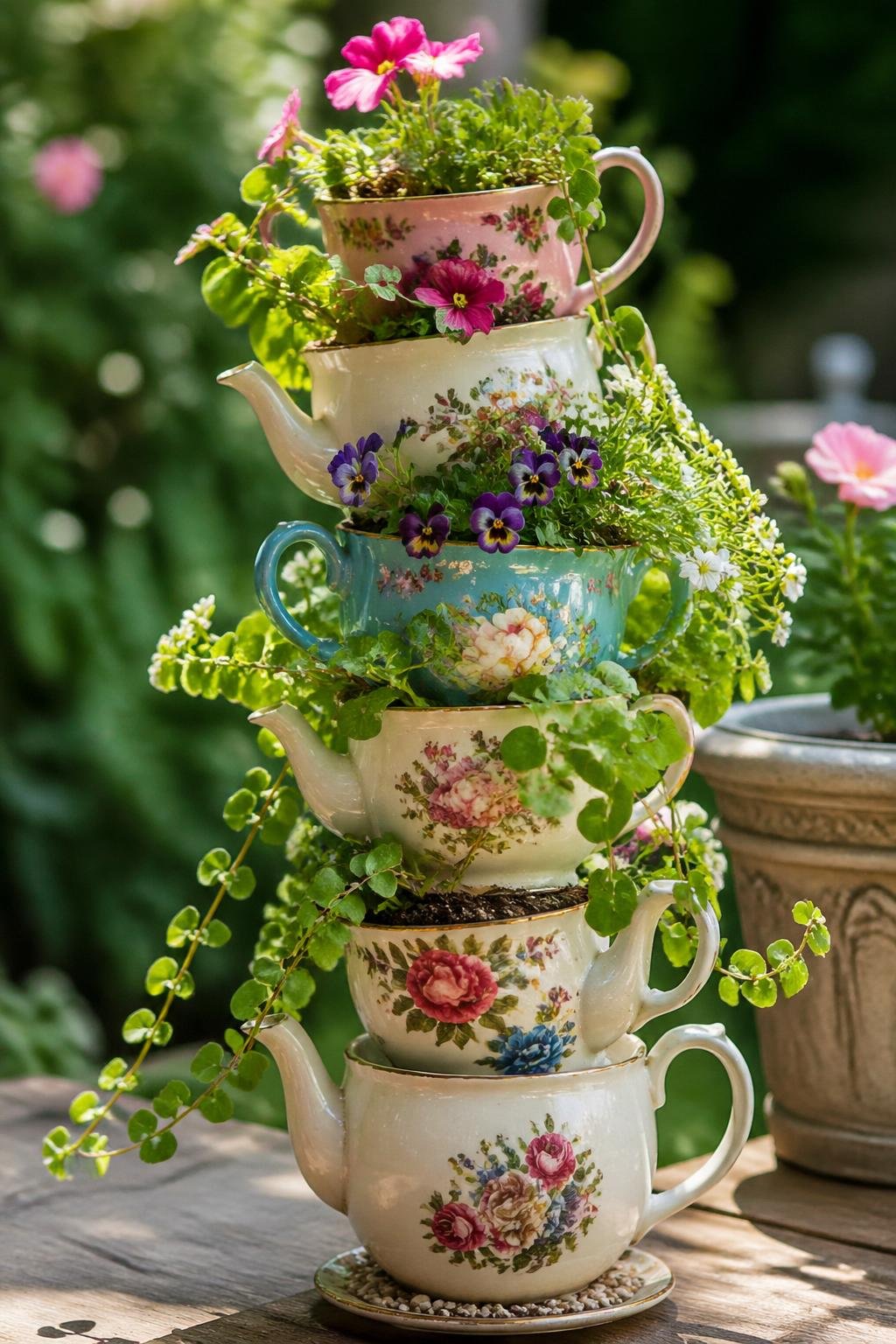 A tower of stacked teapots and teacups used as a planter with green plants and flowers in an outdoor garden.