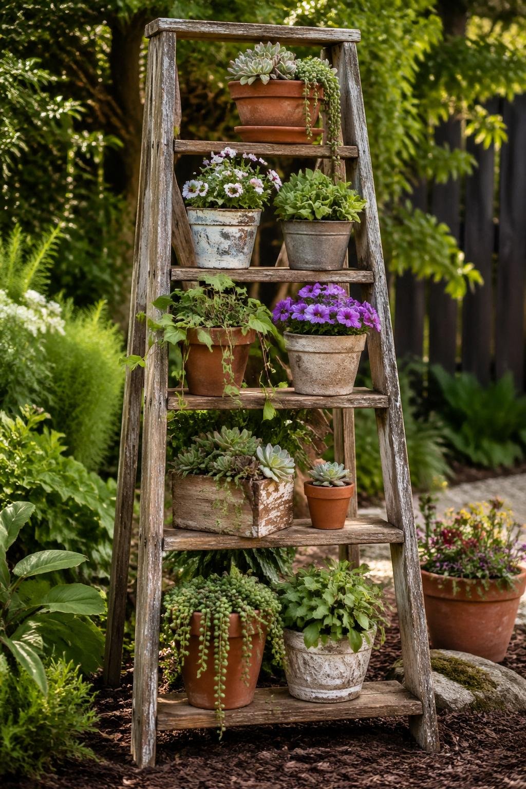 A wooden ladder repurposed as a plant shelf holding various potted plants in a garden.