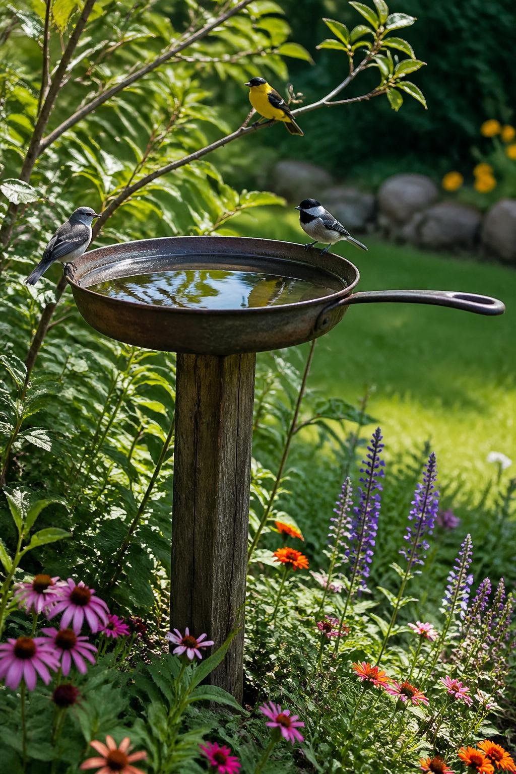 A garden birdbath made from a frying pan filled with water, surrounded by plants and flowers with birds perched nearby.
