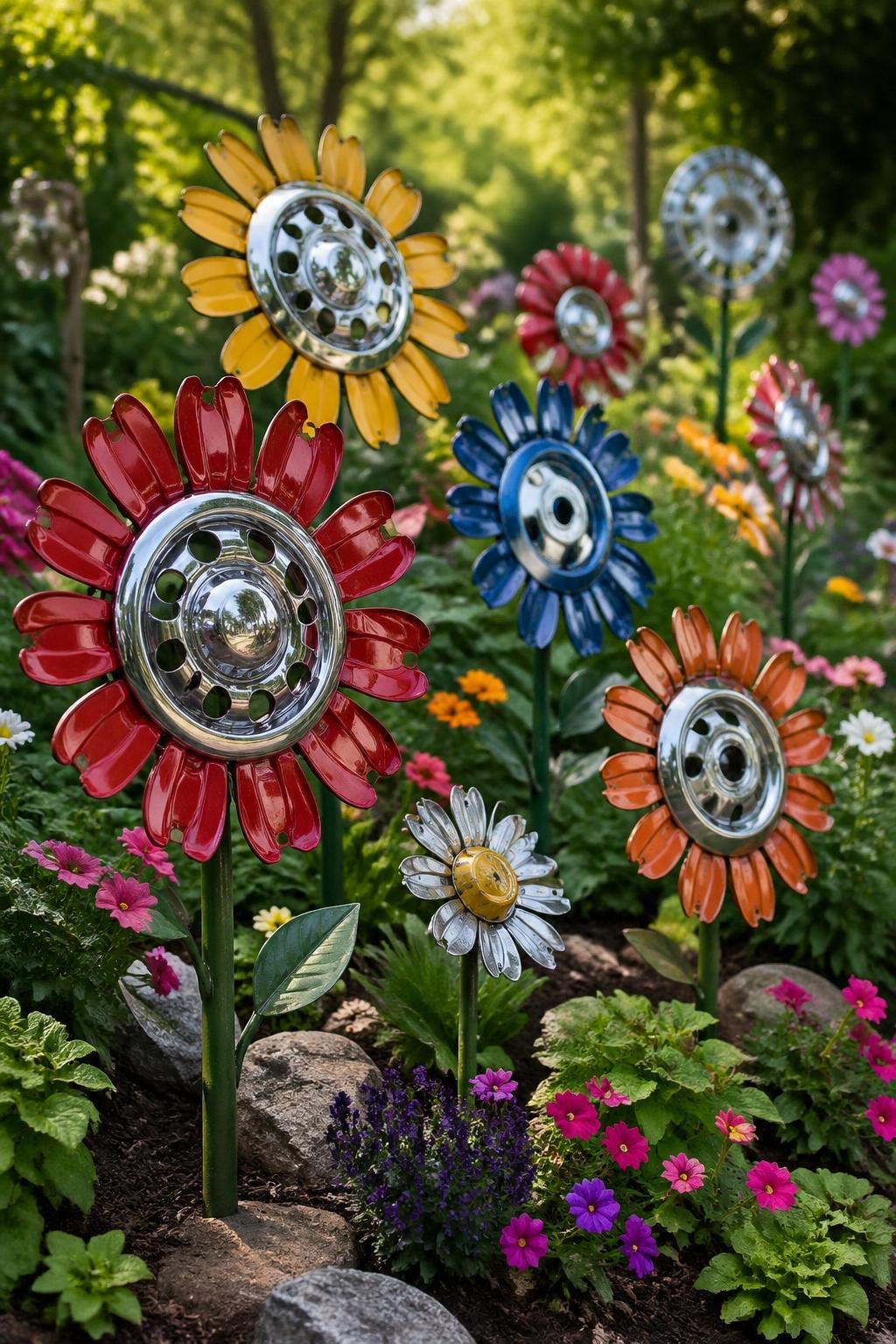 A garden with colorful flower sculptures made from repurposed hubcaps surrounded by green plants and flowers.