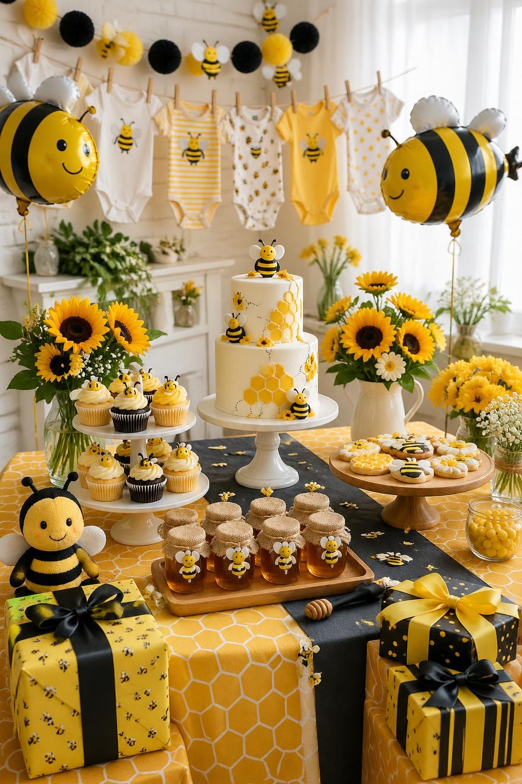 A baby shower decorated with bee-themed items including balloons, honey jars, cupcakes, flowers, and banners.
