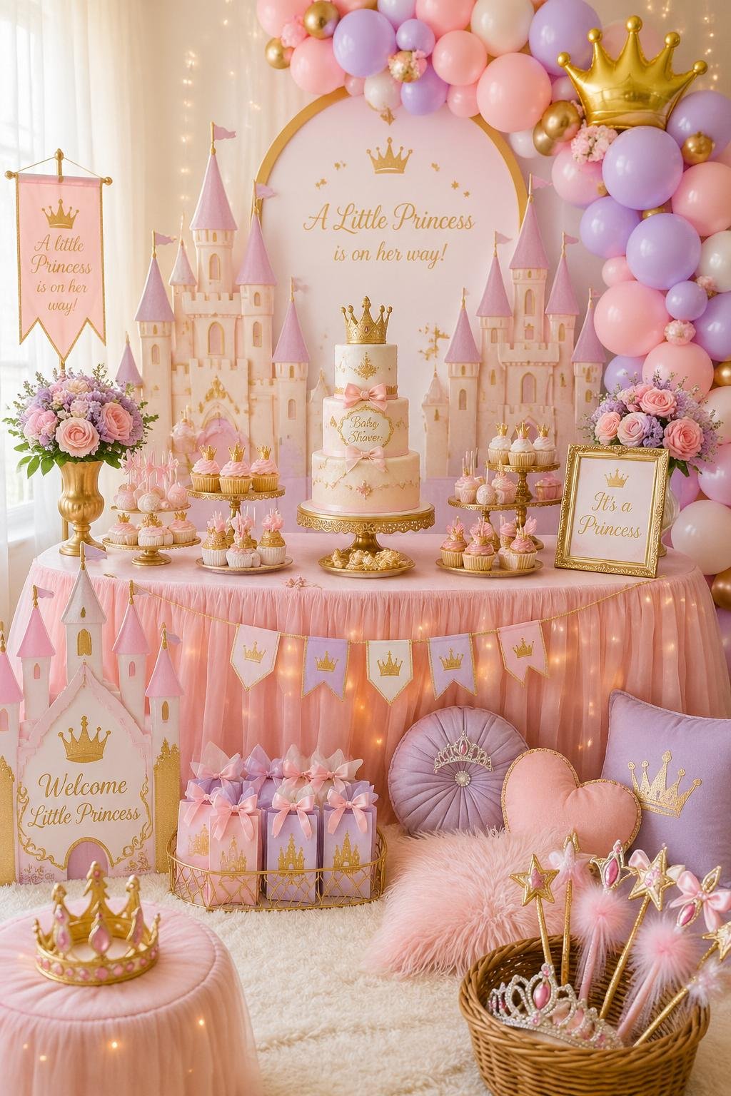 A decorated baby shower setup with pastel pink and gold castle-themed decorations, a dessert table with a princess crown cake, balloons, and floral arrangements.