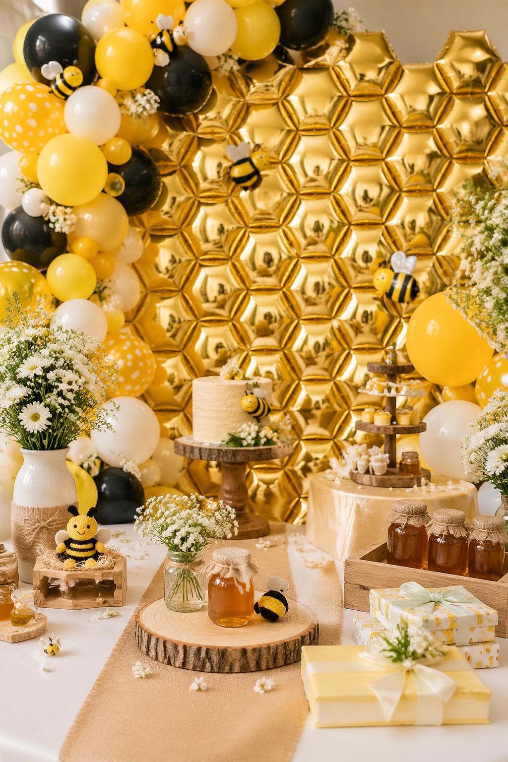 A baby shower setup with a golden honeycomb balloon backdrop and bee-themed decorations including yellow and black balloons and flowers.