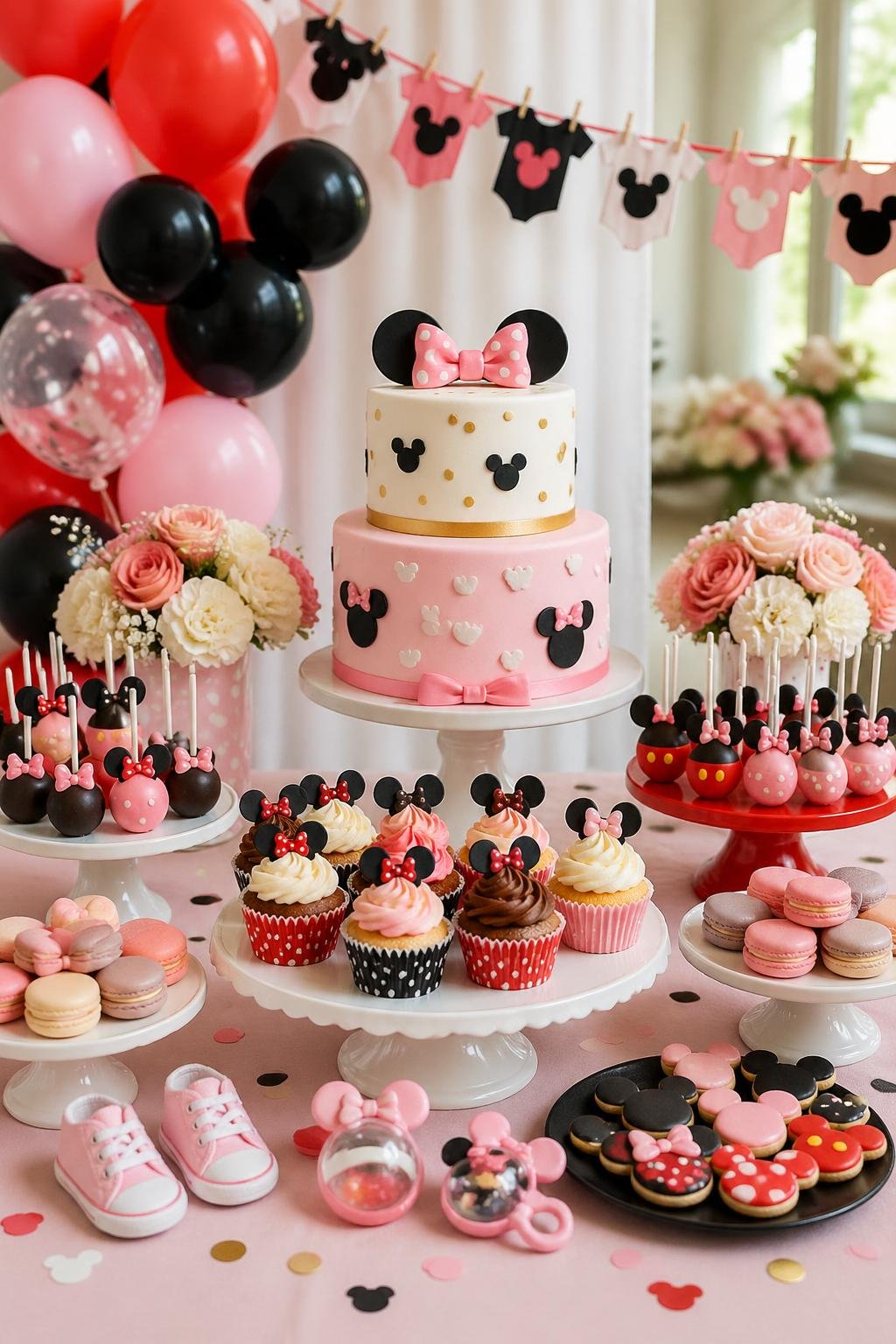 A dessert table decorated with Mickey and Minnie Mouse themed treats and baby shower decorations.