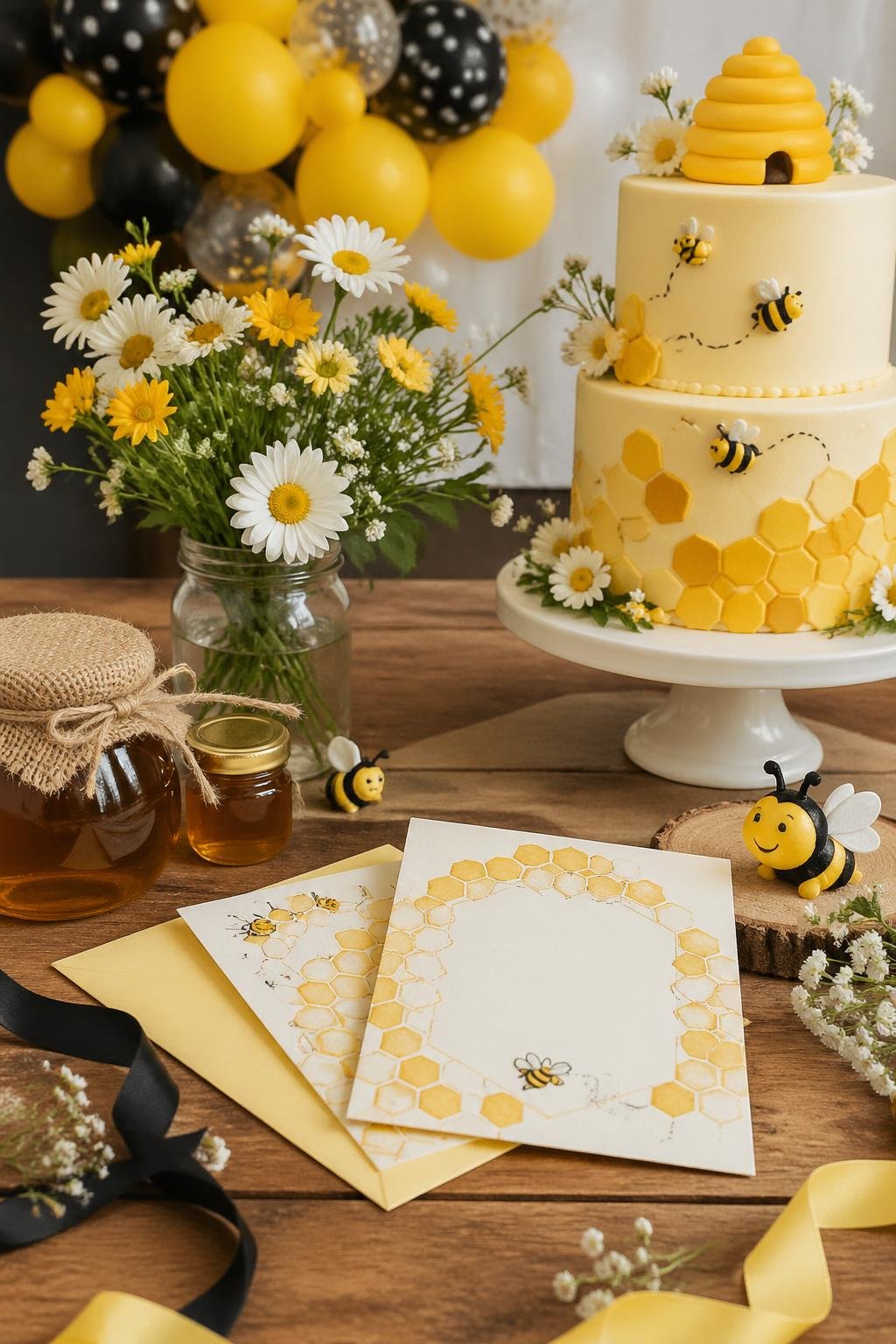 A baby shower setup with bee-themed decorations, honeycomb artwork invitations, flowers, honey jars, and a pastel cake with bee motifs on a wooden table.