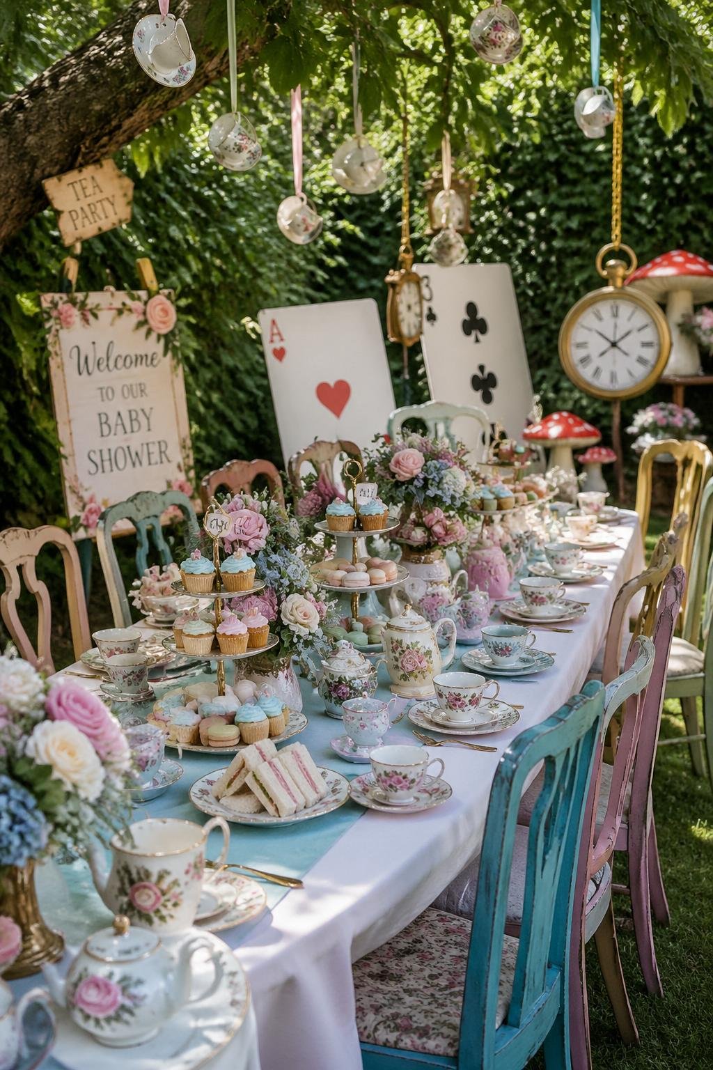 An outdoor garden table decorated for an Alice in Wonderland themed baby shower with tea sets, floral arrangements, and whimsical decorations.