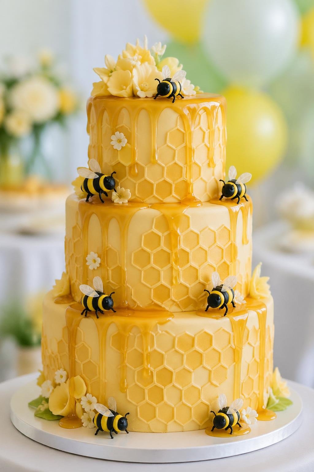A multi-tiered bee-themed cake decorated with honeycomb fondant, fondant bumble bees, and honey drip details on a white surface with soft pastel decorations in the background.
