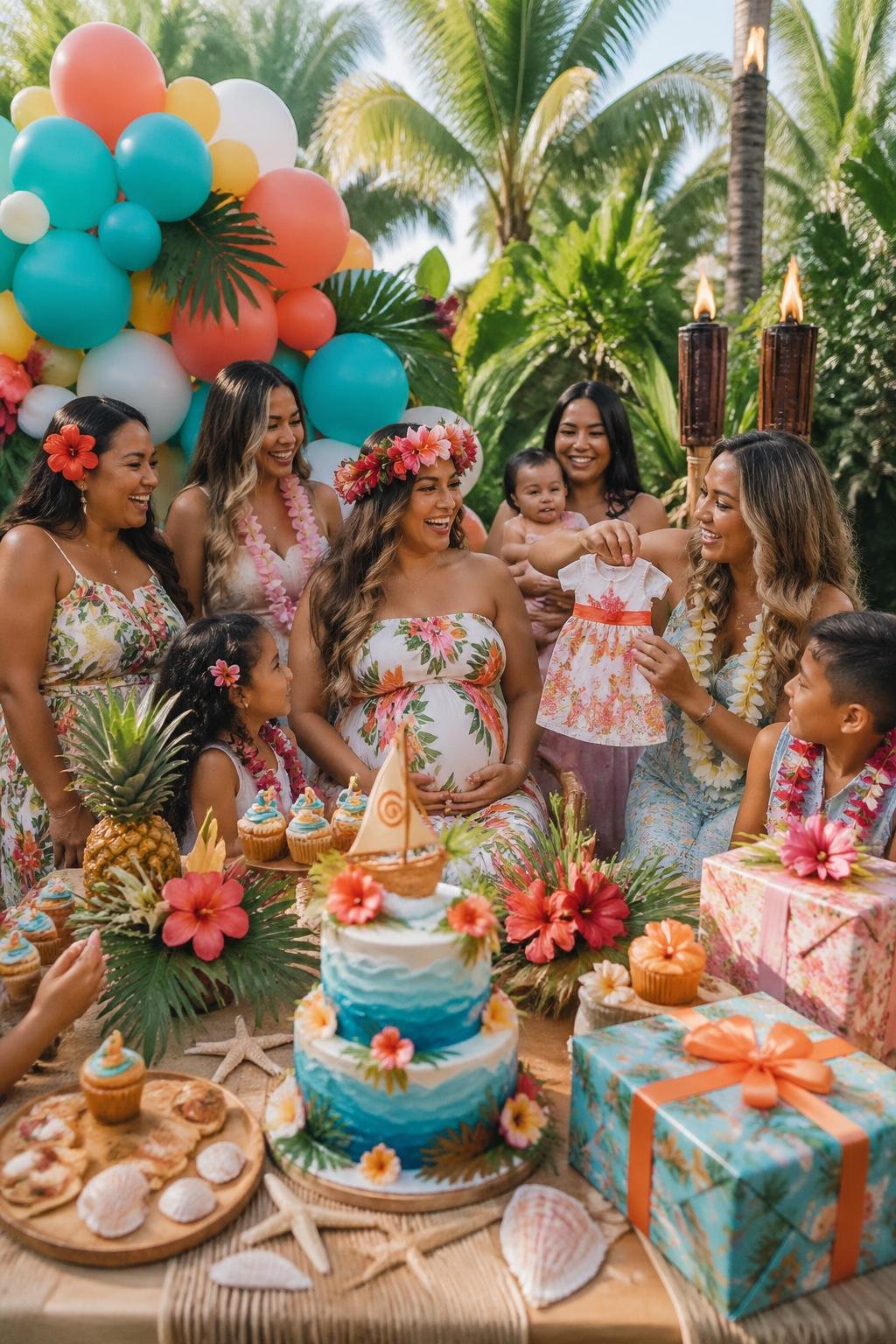 A colorful outdoor baby shower with tropical decorations, guests enjoying the celebration surrounded by palm trees and island-themed decor.