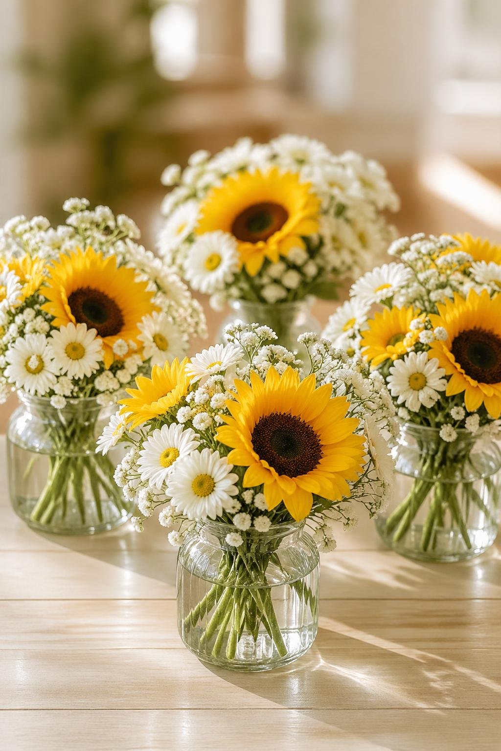 Small glass vases with sunflowers, daisies, and baby's breath flowers arranged on a wooden table.