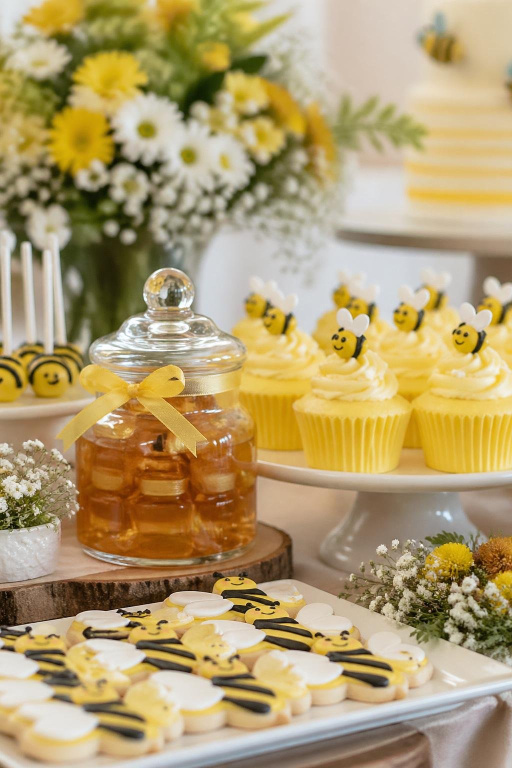 A dessert table with yellow cupcakes, a honey jar, and bee-shaped cookies arranged for a baby shower.