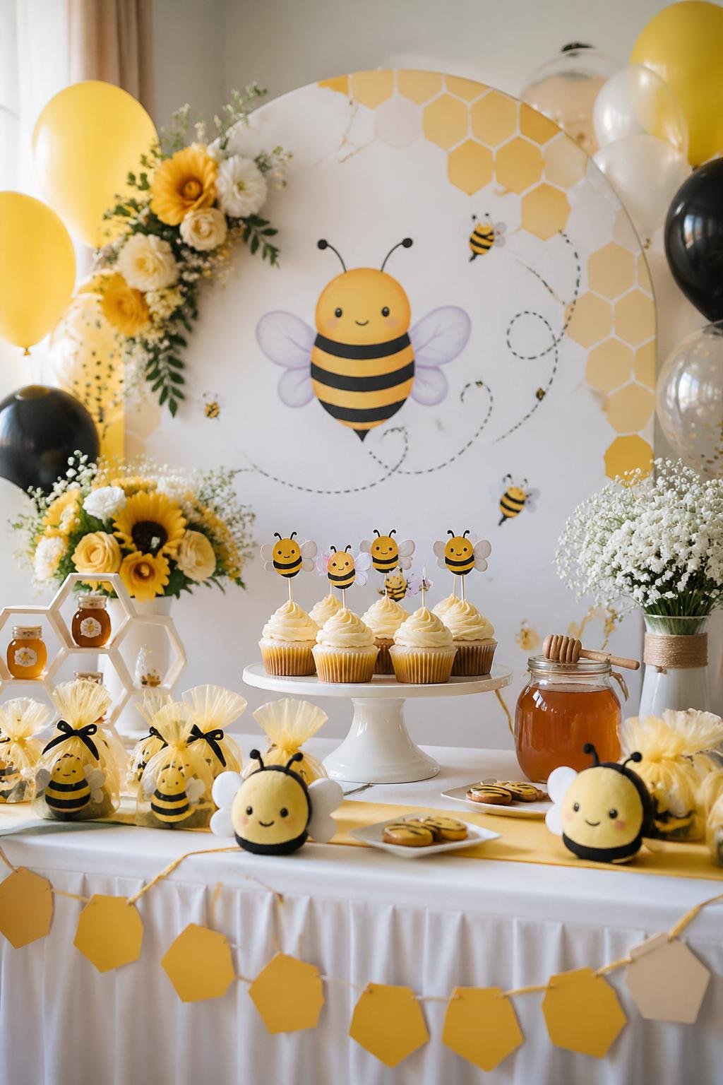 A baby shower setup with a bee-themed backdrop, decorated table with bee cupcakes, honey jars, balloons, and flower accents.